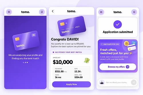 Three phone screens from the Tomo app: a profile analysis screen, a congratulations screen offering a $10,000 loan with a purple card graphic, and an application submitted confirmation with personalized offers.