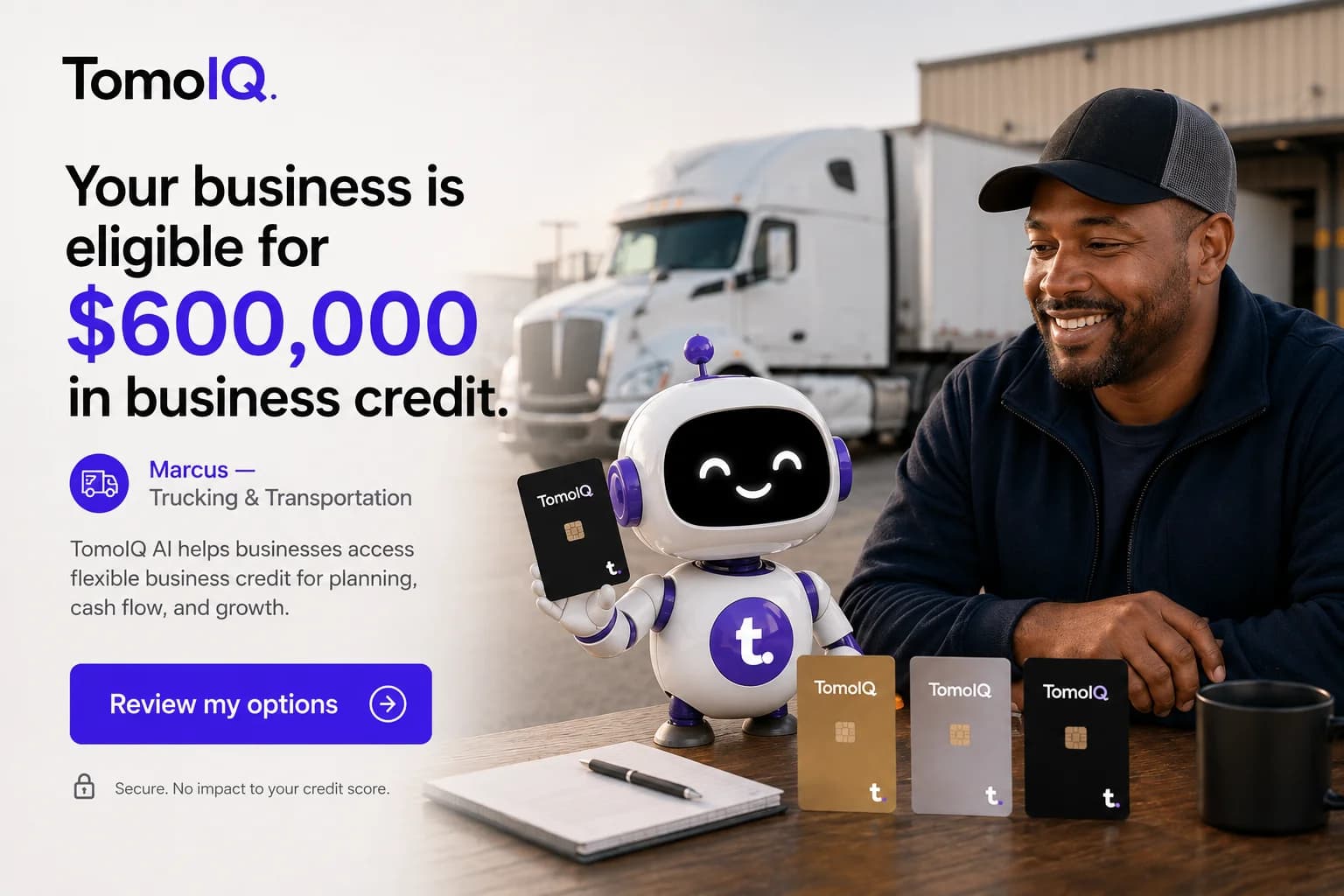 The TomoIQ mascot next to a trucking business owner, with text reading 'Your business is eligible for $600,000 in business credit'