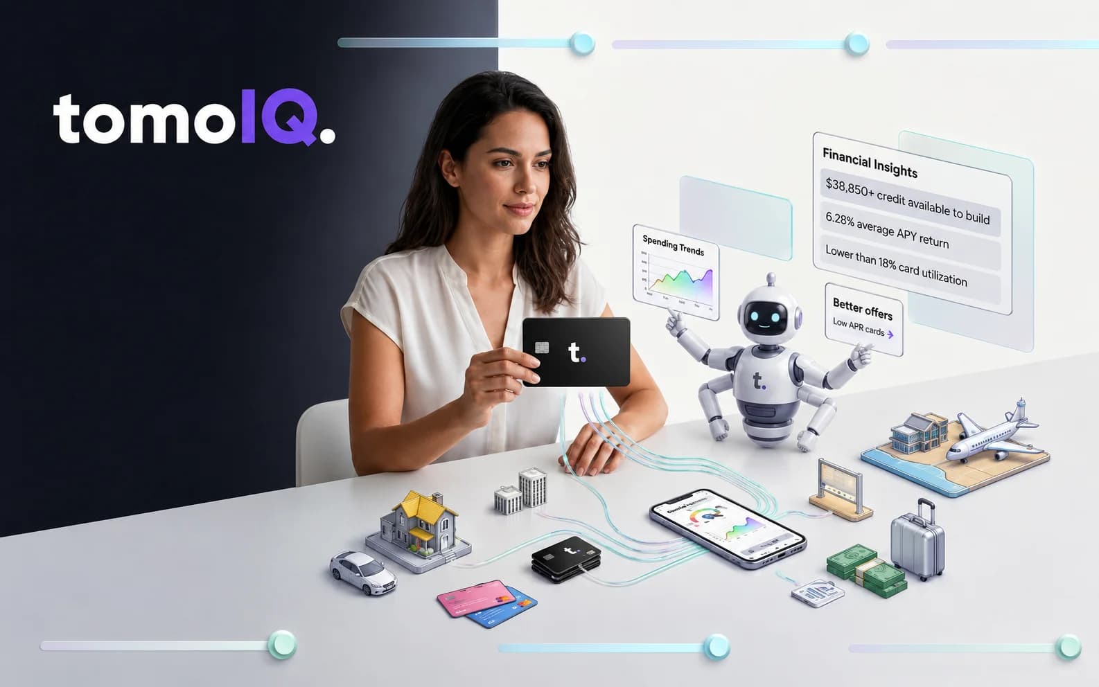 A woman reviewing financial insights with icons representing a house, car, and travel as long-term assets