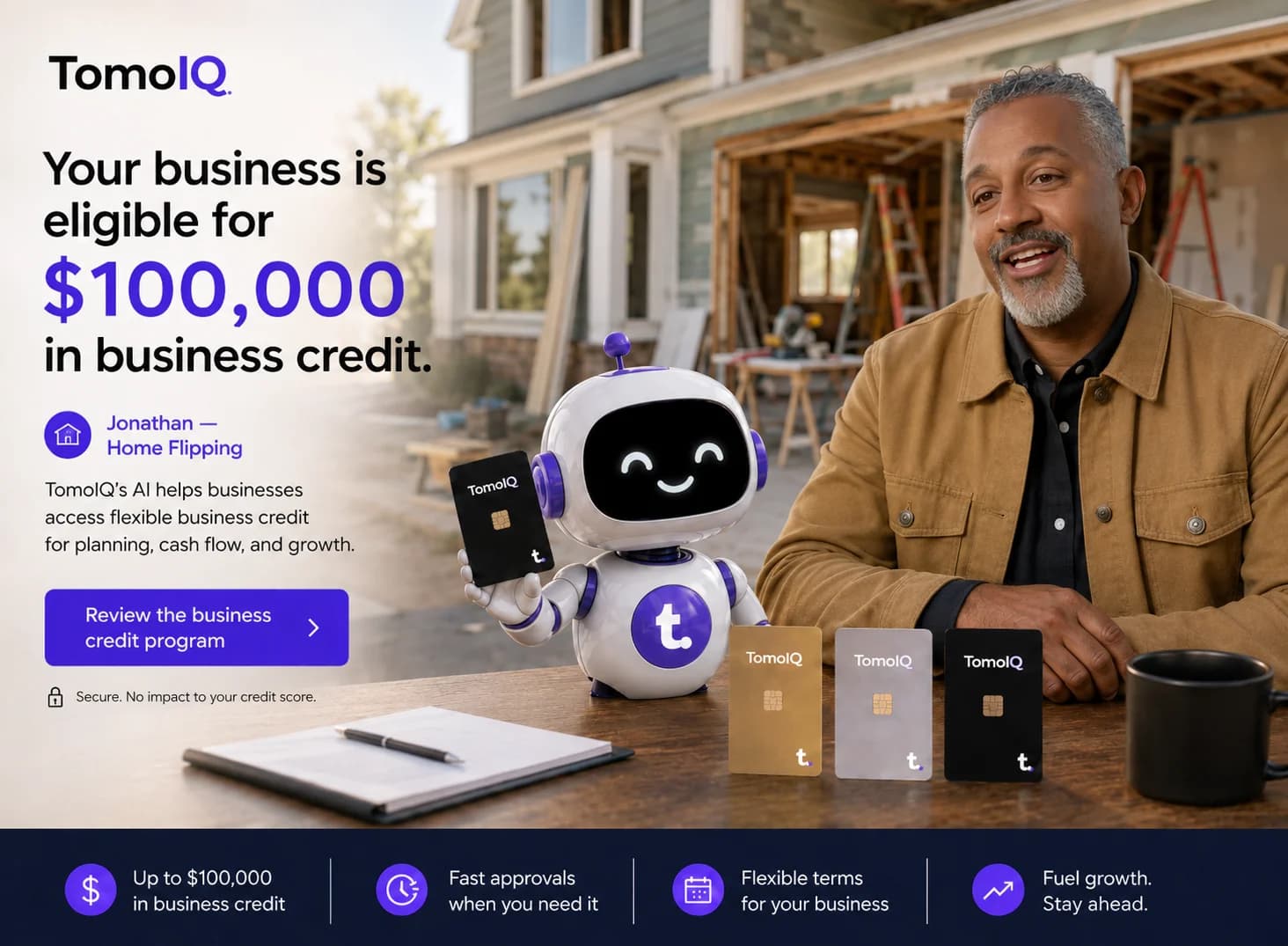 A home-flipping business owner with the TomoIQ mascot, with text reading 'Your business is eligible for $100,000 in business credit'