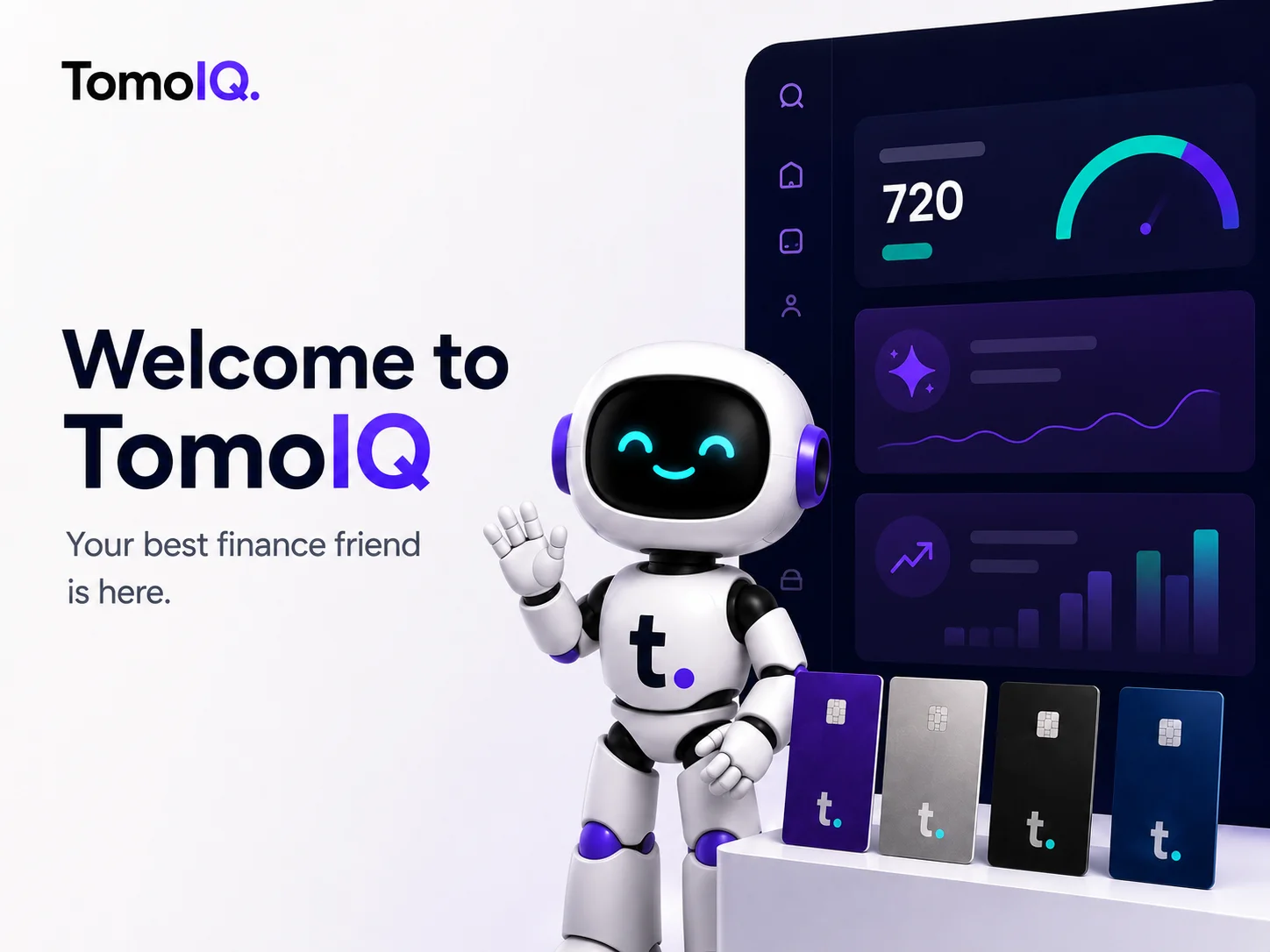 The TomoIQ mascot waving next to a dashboard showing a 720 credit score gauge and growth chart