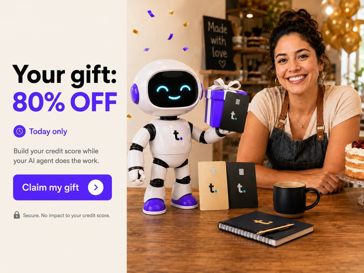 A woman running her bakery business next to the TomoIQ mascot holding a gift, with text reading 'Your gift: 80% OFF, today only'