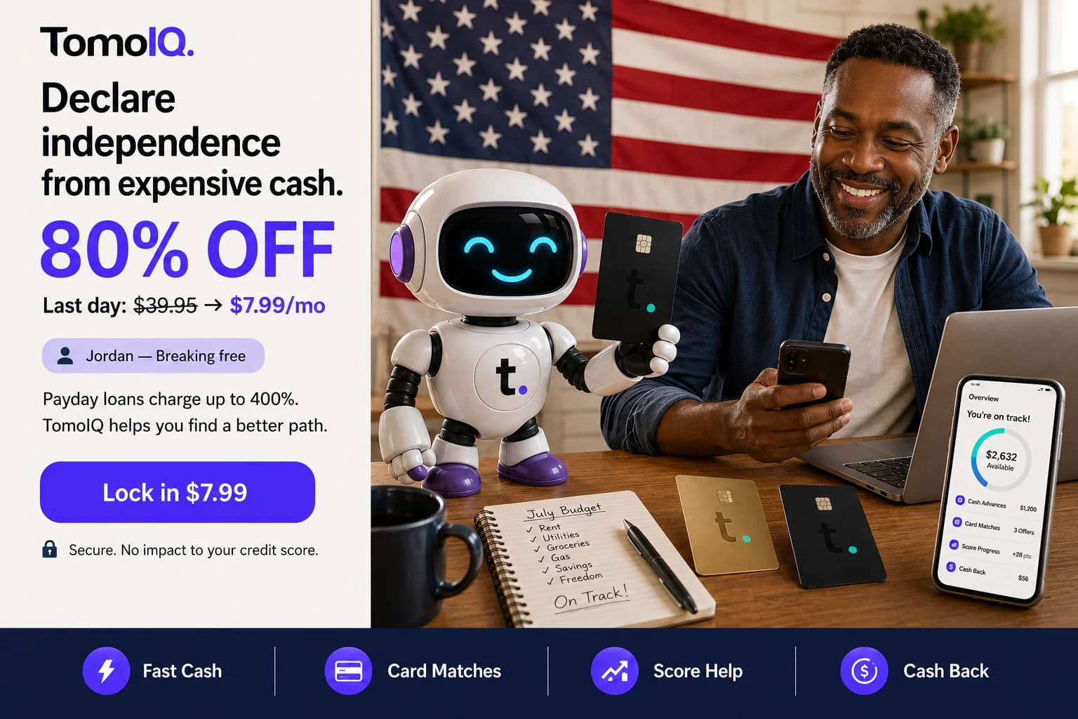The TomoIQ mascot holding a Tomo Card in front of an American flag, with a man reviewing his budget notebook and phone