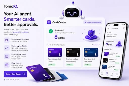 A phone showing TomoIQ Card Center with 8 good approval odds, with text reading 'Your AI agent. Smarter cards. Better approvals.'