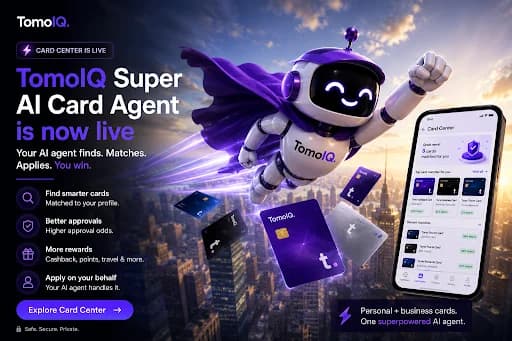 The TomoIQ mascot flying like a superhero over a city, with text reading 'TomoIQ Super AI Card Agent is now live'