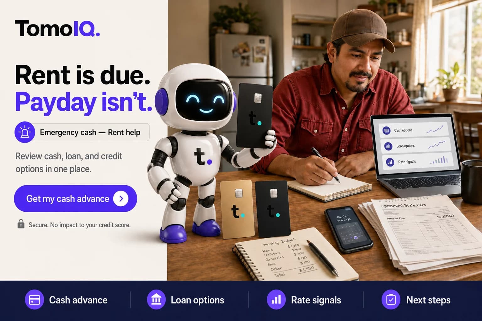 The TomoIQ mascot holding a Tomo Card next to a man reviewing his budget, with text reading 'Rent is due. Payday isn't. Emergency cash — Rent help.'